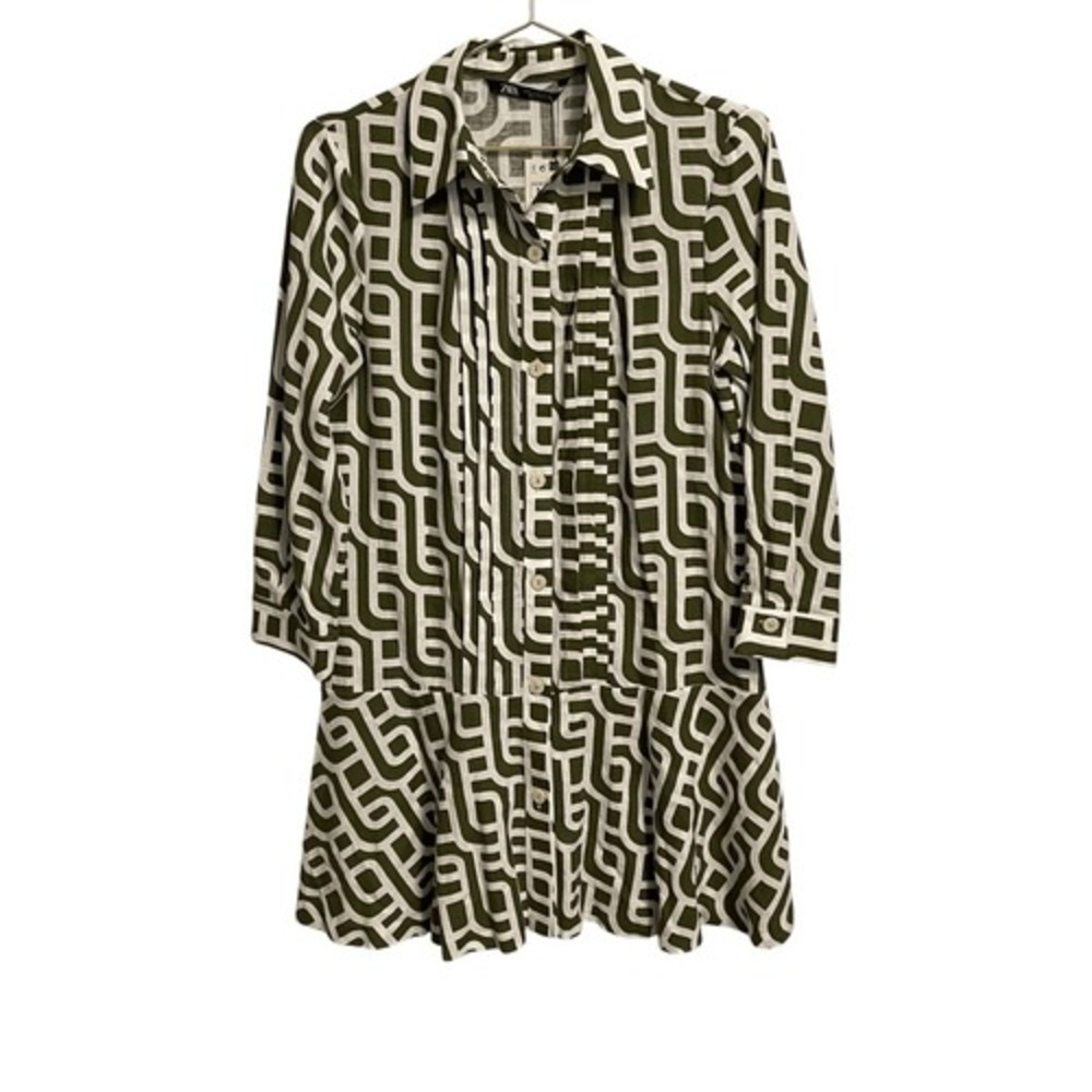 Zara Olive Green Geometric Print Linen Blend Drop Waist Shirt Dress Size M NEW